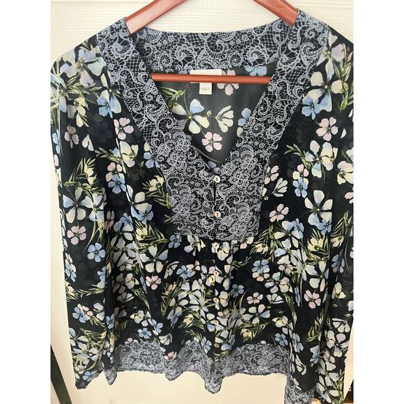 J.Jill Blue Semi Sheer Long Sleeve Floral Boho Blouse Cottagecore sz Large $89 - Picture 6 of 12
